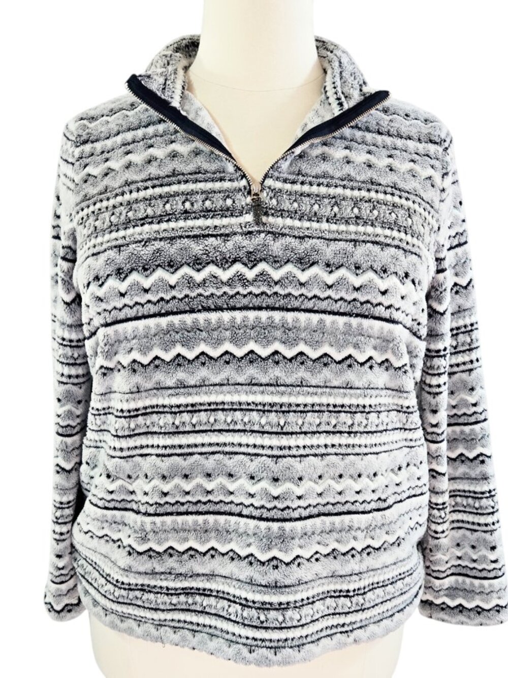 Chico's Weekends Blue White Zigzag Stripe 1/4 Zip Fleece Sweatshirt Cozy Pockets